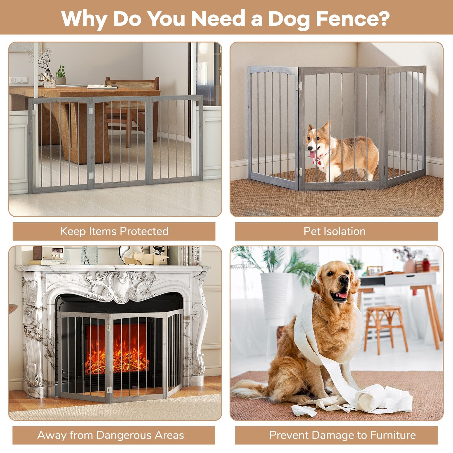 30 Inch Tall Wooden Pet Fence for Cats Small and Medium Dogs-Gray