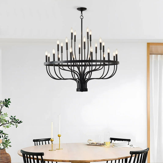 24-Light Industrial Candle Chandelier | Black Farmhouse Pendant Light Fixture for Dining Room, Living Room & Foyer — 39.4" Wide